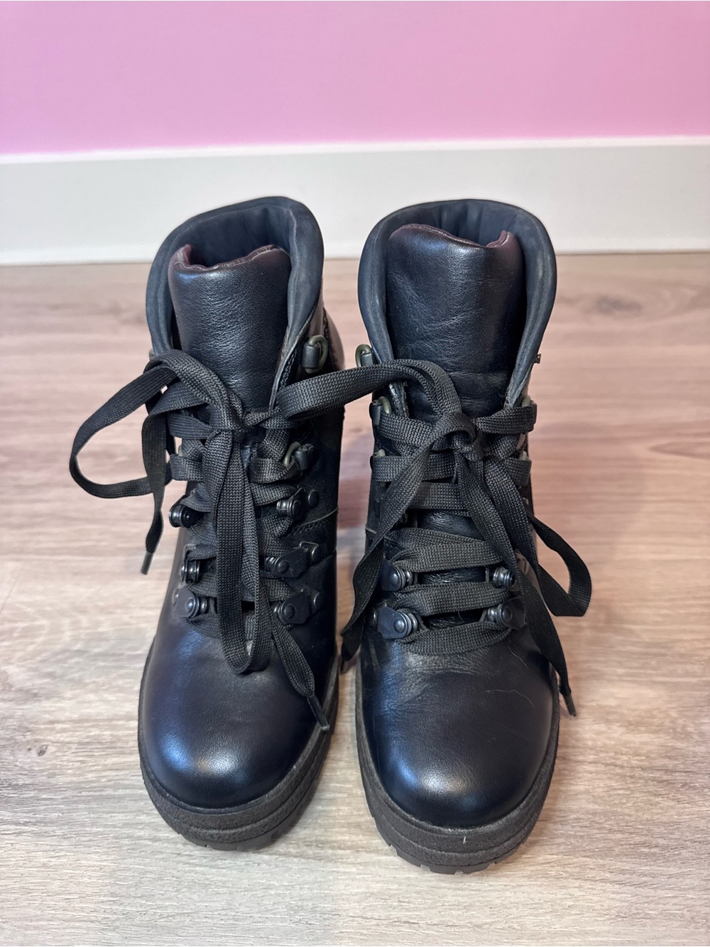 See by Chloé Black Leather Platform Lace-Up Ankle Boots Chunky Heel Size 36